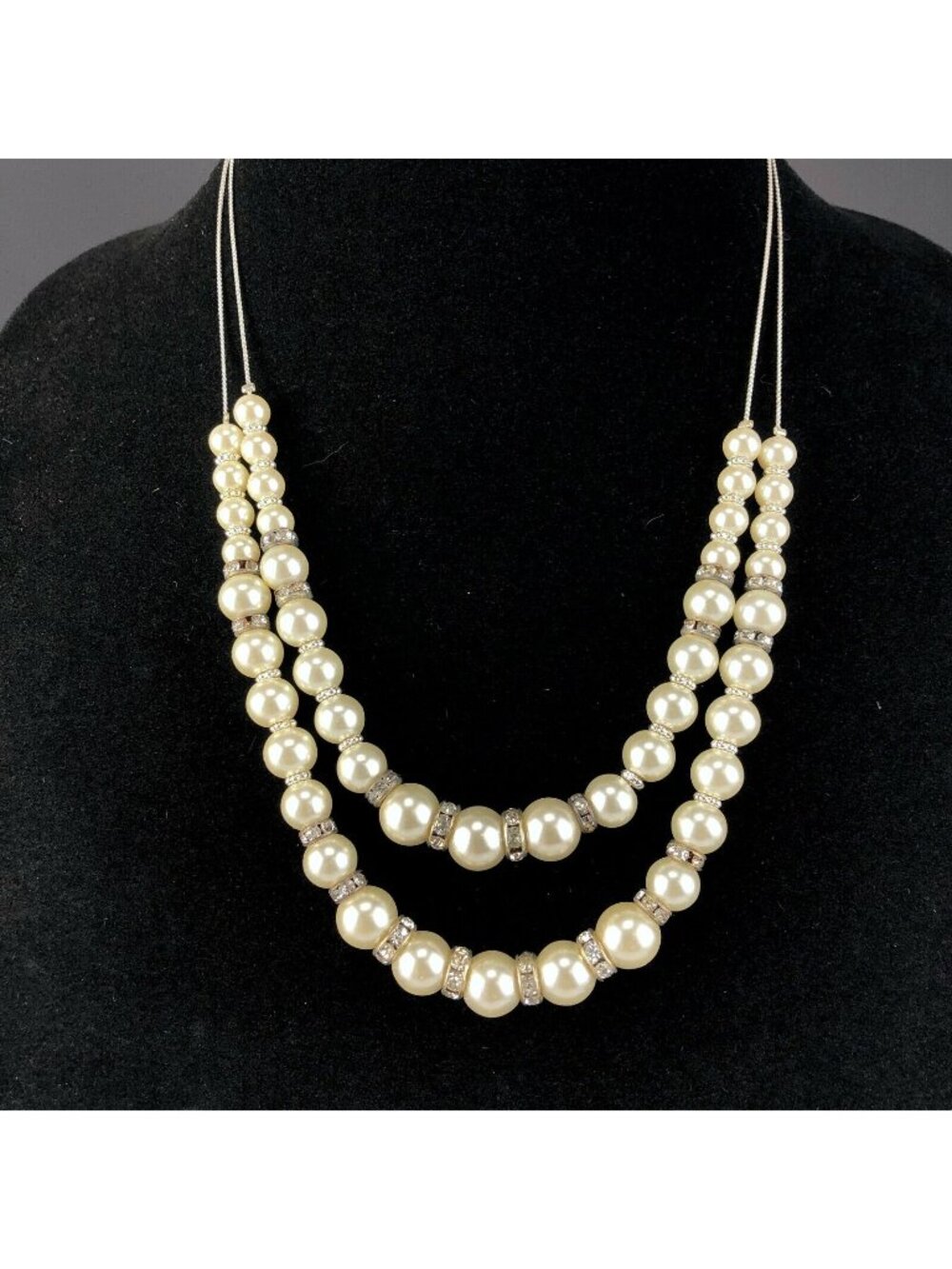 Kohl's Occasion Double Strand Necklace Graduated Faux Pearl & Rhinestone #1743